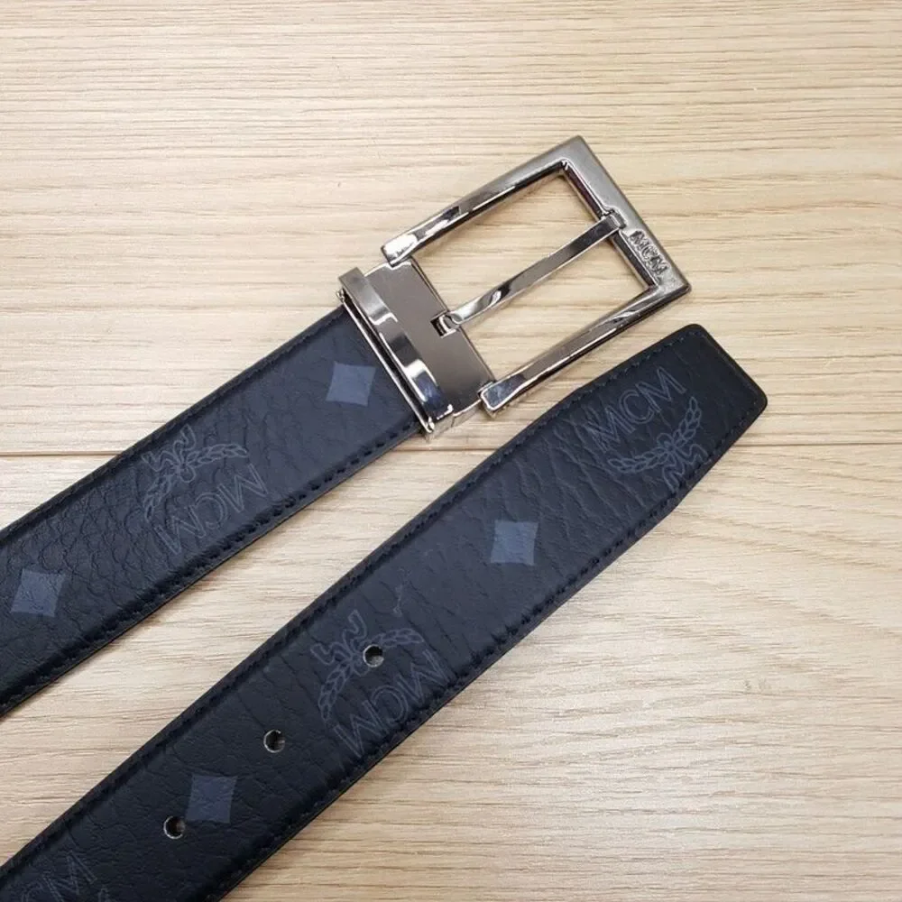 MCM Mens Belt Black Leather Adjustable All Sizes Logo Monogram AREN $350